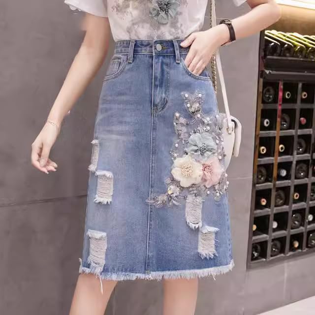 Beaded Flower Denim Skirt for Women with Slim fit and Midlength3