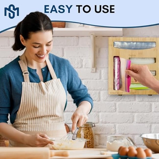 Storage Bag Holder, Baggie Organizer for Drawer or Wall Mount, Compatible with Gallon, Quart, Sandwich, Snack Size Bags, 1 Box 5 Slots, Bamboo Drawer Organizer, Baggie Holder