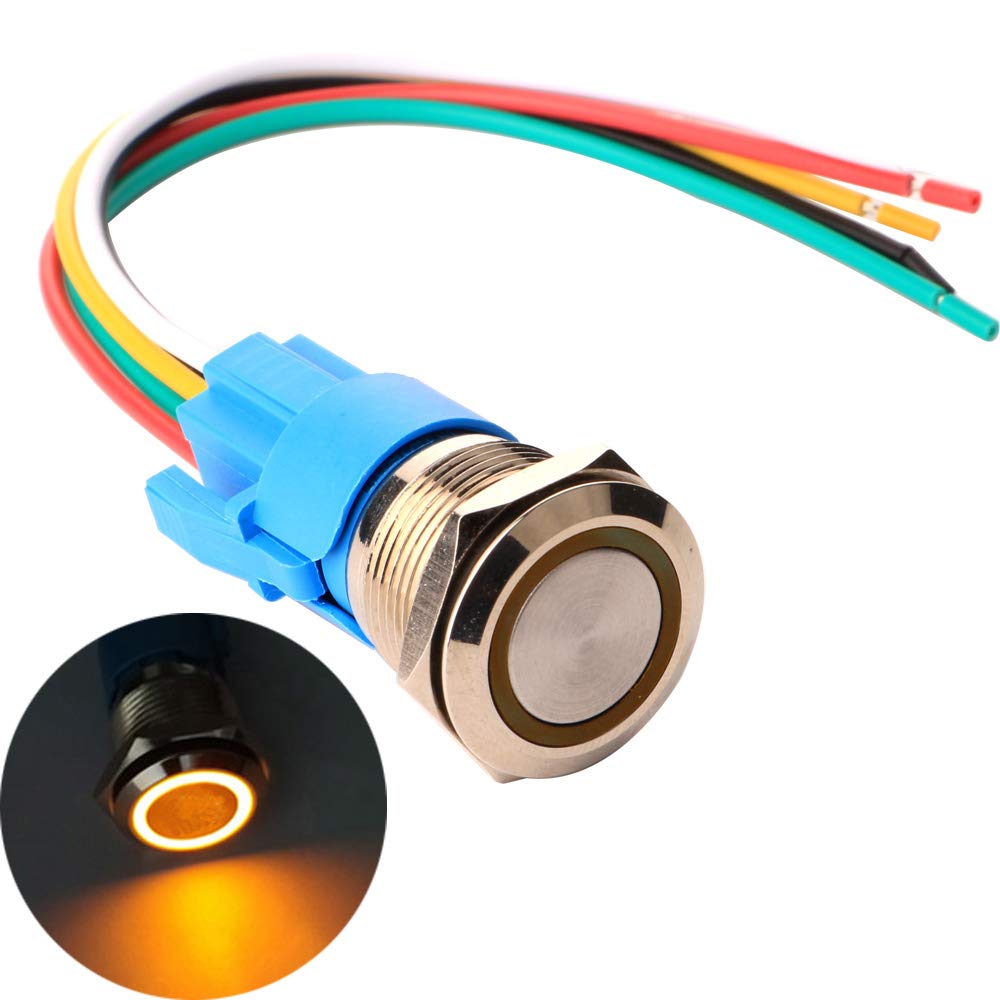Gebildet 1 Piece 0.75 Inch/19mm Stainless Steel Momentary Push Button 12V-24V 5A LED 1NO1NC SPDT ON Off Waterproof with Wire Socket Plug(Orange LED)