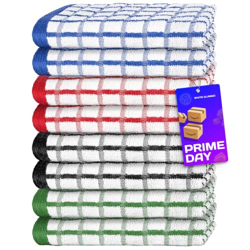 Premium Dish Towels for Kitchen, 8 Pack, 16x26 - 100% Cotton Kitchen Towels with Hanging Loop, Ultra Absorbent and Thick 410 GSM, Multicolor