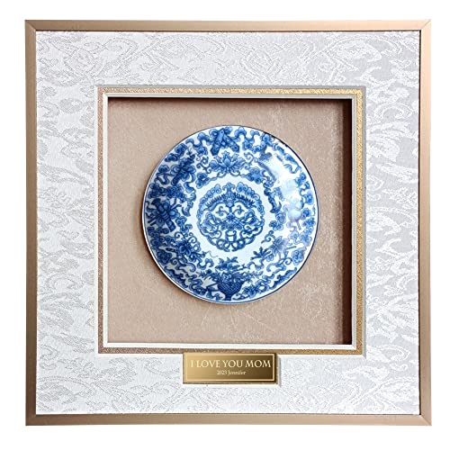 Personalized Oriental Blue and White Porcelain Plate Framed Home Decor, Housewarming Gift for New House,9x9 inch Handmade Decoration for Beddroom Living Room Bookshelf