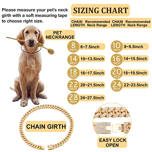 Image of Cuban Link Dog Collar Gold Silver Color Metal Dog Chain Collar Cuban Diamond Chain Pet Collars for Dogs Cats Jewelry 8 /10 /14 /16 /18 /20 /24 /28 Inch (22inch, Gold)
