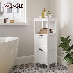 VASAGLE Bathroom Floor Cabinet, Bathroom Storage Organizer Rack Stand, Multifunctional Corner Unit, 2 Drawers, 35 Inches in Height, White UBBC42WT VASAGLE Bathroom Floor Cabinet Bathroom Storage Organizer Rack Stand Multifunctional Corner Unit 2 Drawers 35 Inches in Height White UBBC42WT