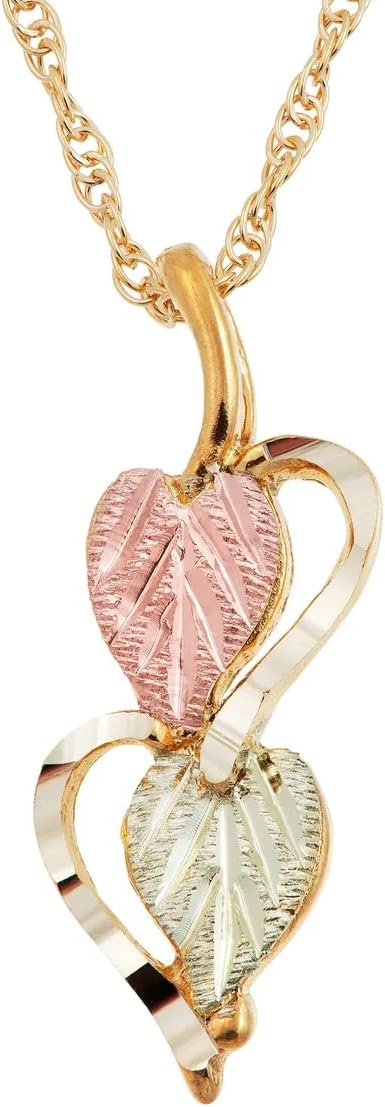 Heart on Heart Pendant Necklace for Women, 10k Yellow Gold with 12k Green & Rose Gold Black Hills Gold Leaves, 18" Chain, Gift Box Included – Romantic Symbolic Jewelry
