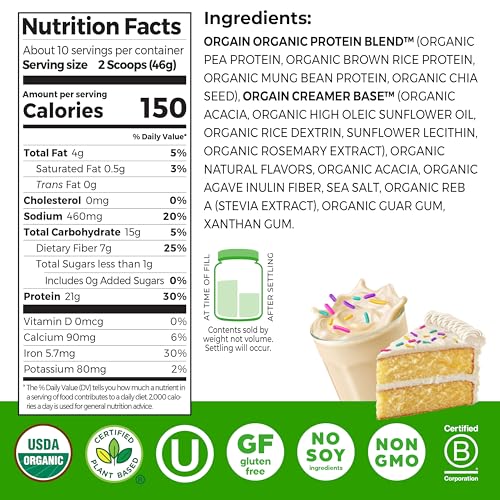 Image of Orgain Organic Vegan 21g Protein Powder, Birthday Cake, 1.02 lb