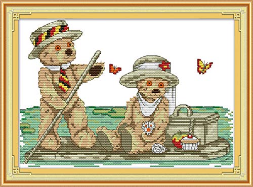 OWN4B Cross Stitch Kits Stamped, A Romantic Trip to Bear Printed Pattern 11CT 15.4x10.6 inch DIY Embroidery Kit