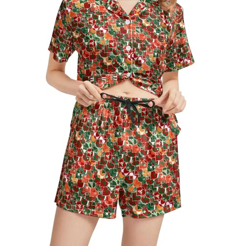 Image of Funny Pajamas for Women Set Print Satin Loungewear Pjs Short Sleeve Button Down Top and Shorts Sets Sleepwear XS-3XL