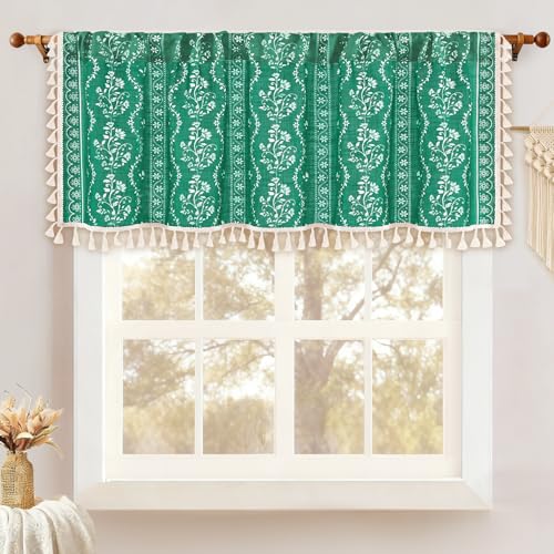 Image of Yinhua Boho Valance Curtains Vintage Linen Teal Kitchen Valances for Windows Light Filtering Bohemian Floral Valance Rod Pocket Farmhouse Tassel Window Valances for Bathroom Cafe, 52 inch W X 18 inch L