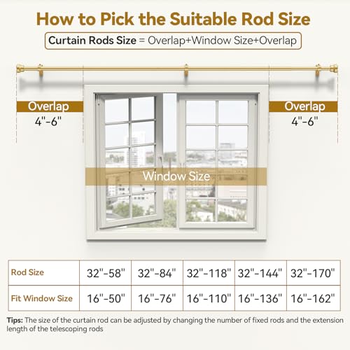 Image of YaFex Curtain Rods 32-170 Inch, Heavy Duty 1 Inch Adjustable Curtain Rod for Windows, Gold Extra Long Window Treatment Rods, Modern Design, Easy Installation