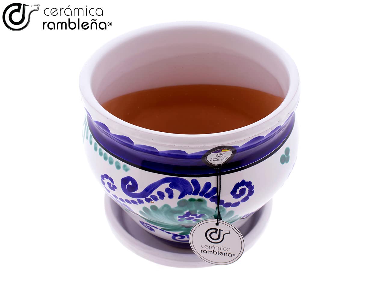 CERAMICA RAMBLEÑA | Garnki z czerwonego błota | Dekoracyjne doniczki | Garnki | Doniczki zewnętrzne | Garnek Coco Decorated Grenadyn - D116 | 100% Handmade Dekoracja | 21x21x19 cm | Talerz w zestawie