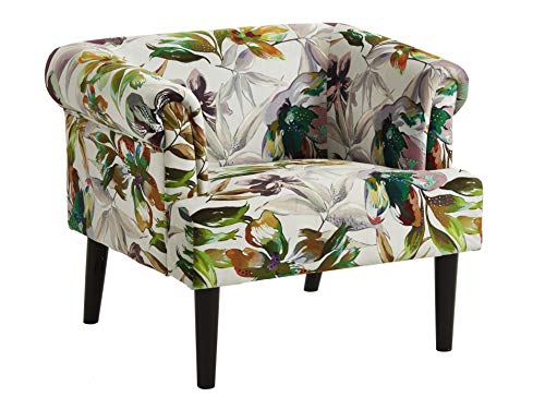 Atlantic Home Collection Charlie Fauteuil avec Accoudoirs et Pieds en Bois Massif, Velours, Blanc, Motif Floral, 74 x 86 x 70 cm