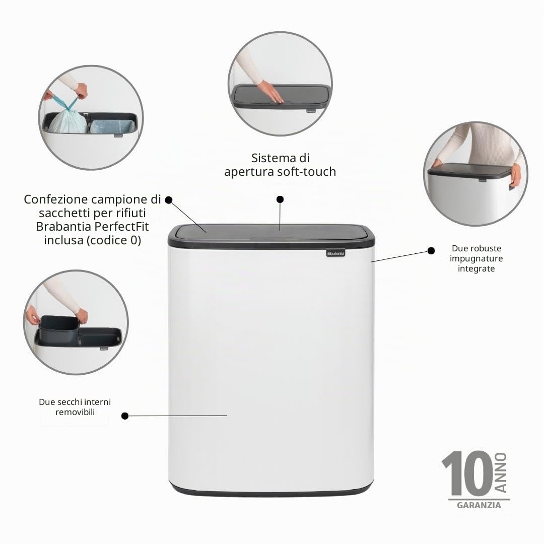 Brabantia Bo Touch Bin Pattumiera, Metallo, Bianco, 2 x 30 Litri