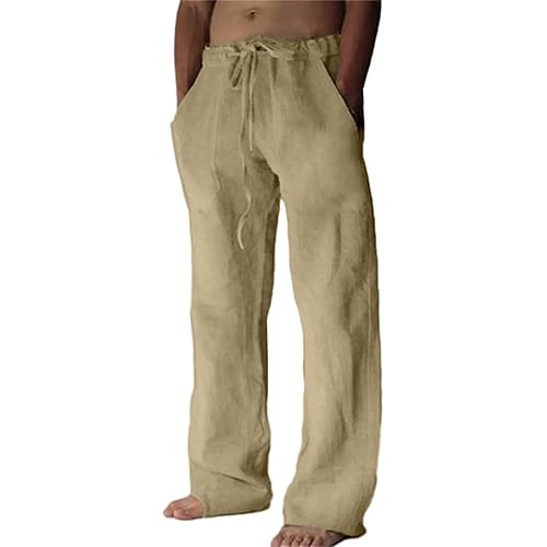 Puimentiua Cotton Linen Pants Men Casual Loose Fit Elastic Drawstring Waist Summer Beach Pants