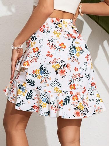 EARKOHA 2025 Skirts for Women Ditsy Floral Print Drawstring Ruffle Hem Skirt White L2