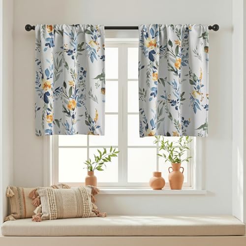 Image of MYSKY HOME Floral Kitchen Tier Cafe Curtains 36 Inch Length 2 Panels Privacy Small Window Treatments Rod Pocket for Bathroom Basement, Yellow and Blue, 30 inch Wide