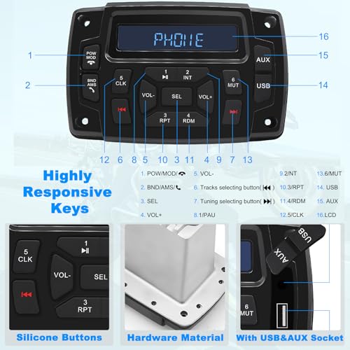 Image of Geloo Marine Radio Receiver Waterproof Boat Stereo Radio System with AUX-in Subwoofer Pre-Amp EQ, AM /FM Radio Receiver Digital Media MP3 Player USB Input for Motorcycle Boat Golf Cart Truck