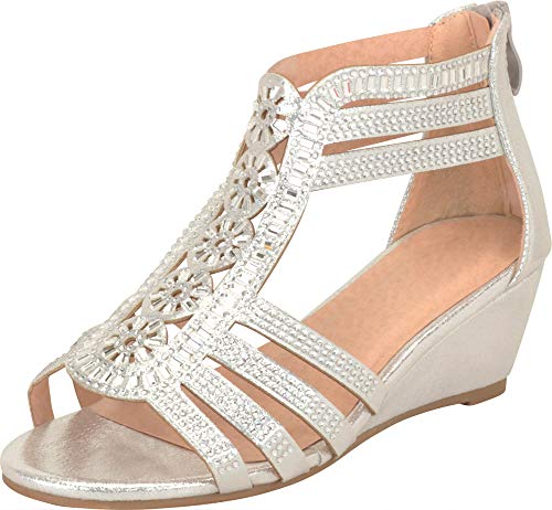 Cambridge Select Girls' Open Toe Strappy Crystal Rhinestone Chunky Low Wedge Heel Sandal (Toddler/Little Kid/Big Kid), 1 M US Little Kid, Silver Glitter