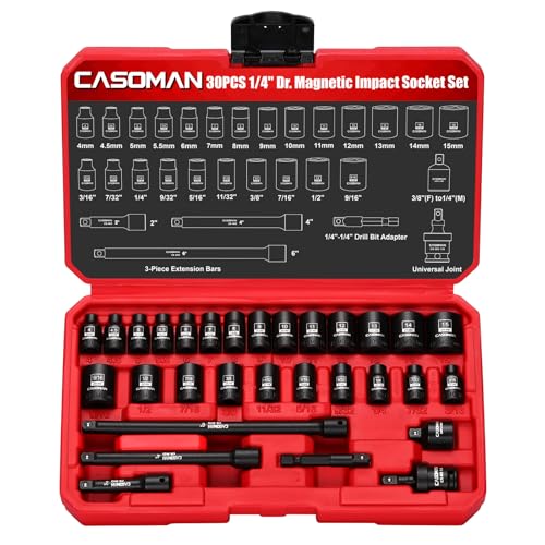 CASOMAN 30PCS 1/4 Drive Magnetic Shallow Impact Socket Set 6 Point CR-MO SAE & Metric Include Extension Bars Socket & Hex shank Adapters Universal Joint
