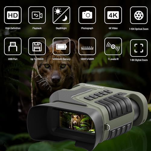 Image of WOSPORTS 4K Night Vision Goggles - 10X Optical & 8X Digital Zoom, 1315FT Infrared Range, Rechargeable 5000mAh Battery, IPX Waterproof, Ideal for Camping, Army Green