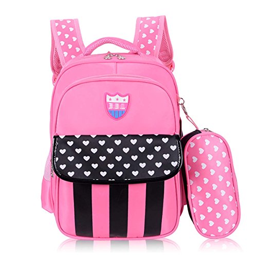 FYGOOD Sac à Dos Cartable Scolaire avec Trousse à Crayons Imperméable pour Enfant Rose 38x18x28cm