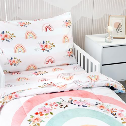 Image of Toddler Bedding Sets for Girls, Rainbow Toddler Crib Bedding Set 4 Piece Pink Floral Toddler Comforter Set Includes Flat Top Sheet, Fitted Sheet, Comforter, Envelope Pillowcase, Soft & Comfort