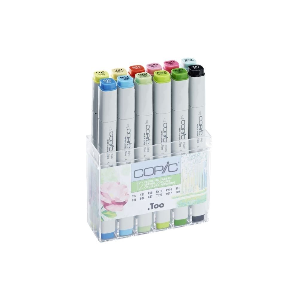 COPIC Classic Set "Frühlings-Farben", 12er Set im Acryl-Display, Twin Marker mit einer mittelbreiten und einer feinen Spitze