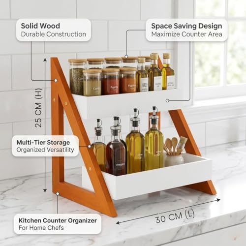 Image of Kitchen Organizer Rack - Multi-Purpose Kitchen Stand for Countertop & Cabinet Storage | Heavy-Duty Kitchen Rack Organizer for Spices, Utensils, Dishes & Pantry Items (2 Tier Brown)