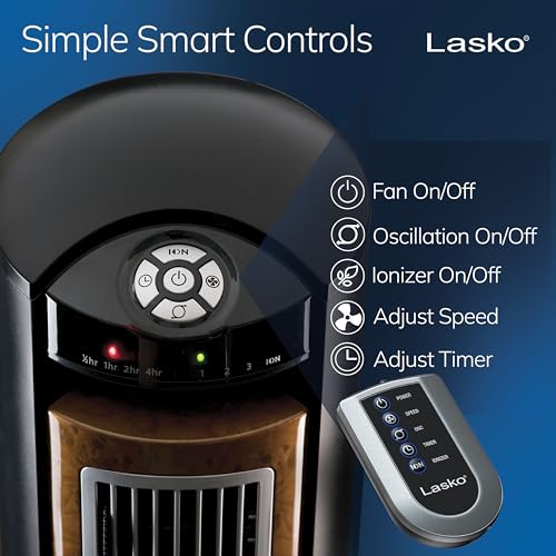 image for Lasko Oscillating Tower Fan, Remote Control, Ionizer, 3 Speeds, Timer,