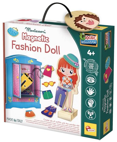 Lisciani- MONTESSORI Fashion Doll - pour Enfants dès 4 ans - Habillez vos poupées en Bois avec 26 Vêtements Magnétiques au Choix - Armoire 3D & Support -...