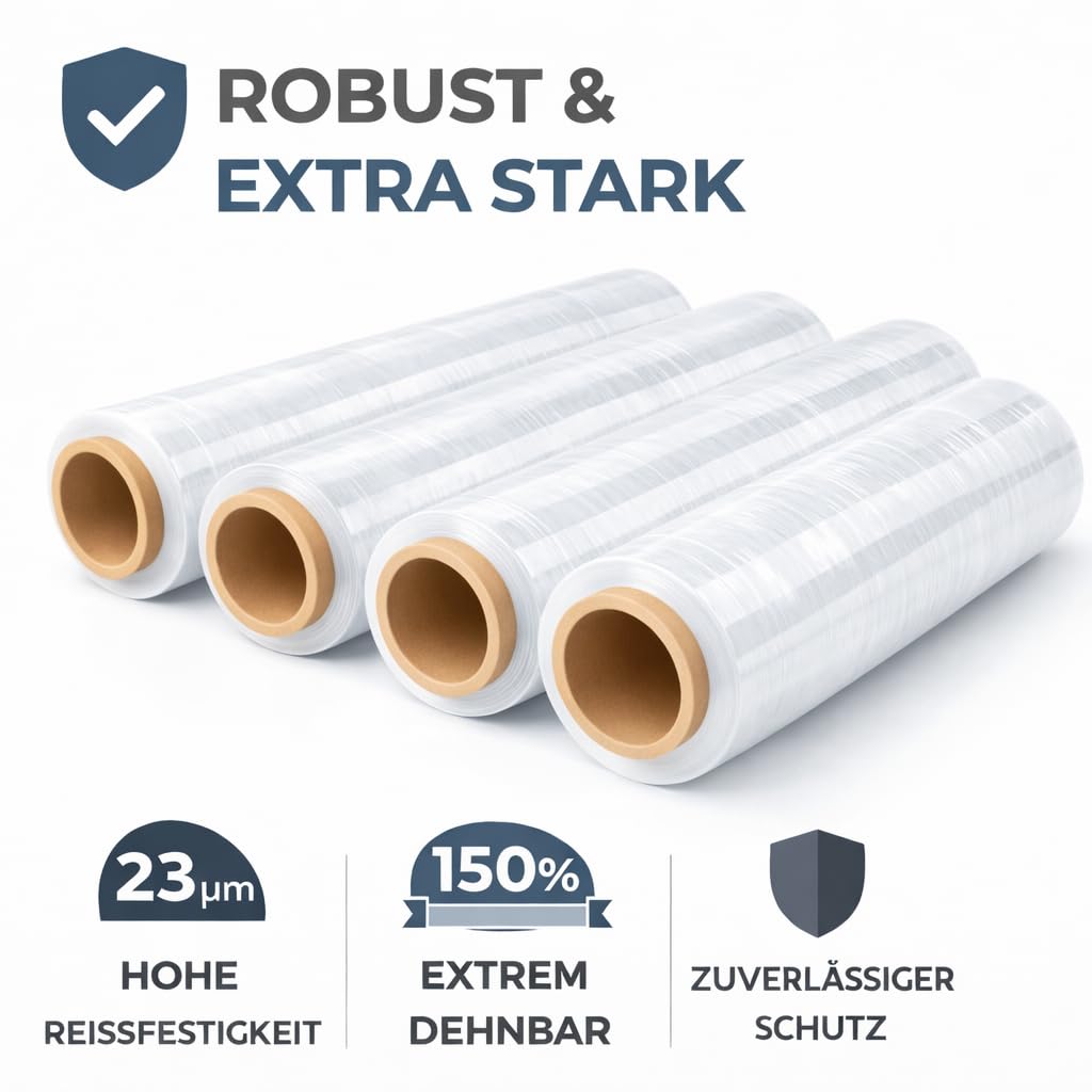 All4All Stretchfolie Transparent 2,4kg - 23 µm – 12 Rollen - 240 m x 50 cm – Handstretchfolie für Paletten - Verpackungsfolie - Wickelfolie - Reißfest - 150% Dehnbar - Umzug Stretchfolierolen