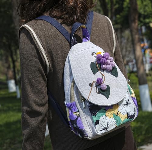 Image of Womens Boho Cotton Hemp Cloth Backpack Boho Vintage Embroidered Casual Purse Handbags Messenger Bag Wheat Ears