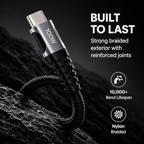 Image of Noise 100W Fast Charging USB C to USB C Cable | 50x More Durable | 1M / 3.3Ft | 5A PD charge | 480 Mbps Transfer Speed | Braided Cable For iPhones, Android, Laptops, MacBooks, Tablets (Black)