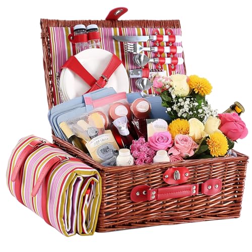 HYBDAMAI Picknickkorb Weiden Set 4 Personen Rot