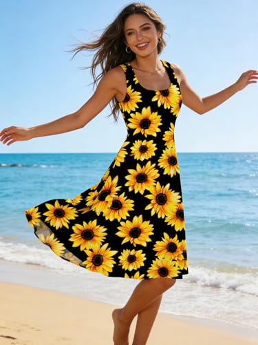 Image of uideazone Sunflower Dresses for Women Ladies Deep U Neck Sleeveless A Line Pleated Sundress Casual Flared Midi Halter Dress for Vacation