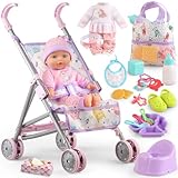 Baby Doll with Stroller Set for Realistic Pretend Play for 3 4 5 6 7 Year Old Toddler Girls Gifts. Baby Stroller Toys includes 12.5-inch Baby Dolls, 2 sets Doll clothes and 17 PCS Doll Accessories