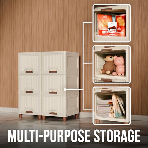 Image of Amazon Basics Multi-Purpose Organizer | Modular Storage Box for Clothes, Kitchen, Bedroom & Living Room | Stackable Rack, Space-Saving Wardrobe Cabinet (Off White), 6 Piece, Plastic