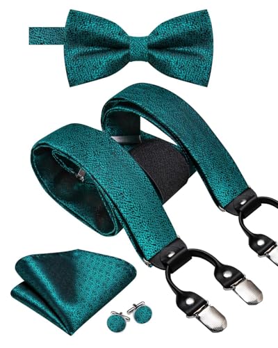 Image of Hi-Tie Men Suspender Bowtie Set Suspenders Pre-tied Bow Tie Pocket Square Cufflinks Adjustable Y Shape 6 Clips Braces Tuxedo