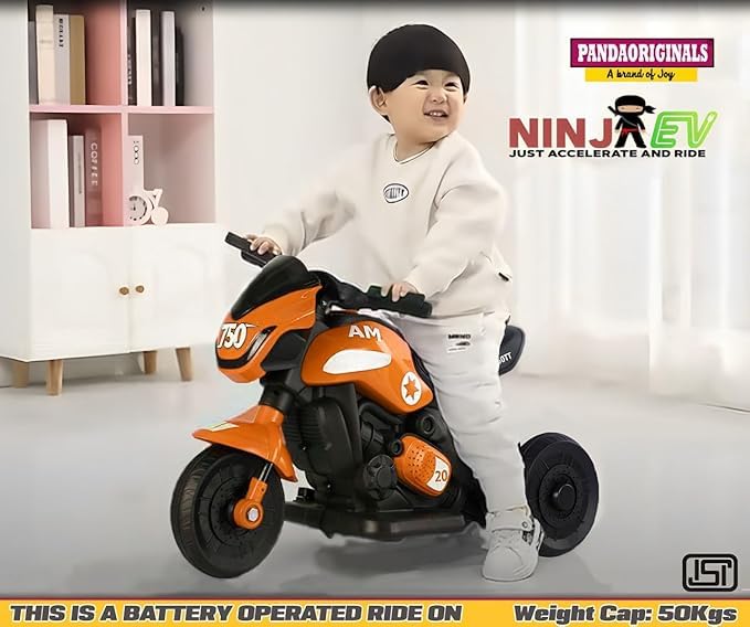 Image of Ninja Ev Kids Battery Operated Bike Rechargeable Ride on for Boys and Girls with Music and Lights, Forward and Backward Gear, Built in MP3 Player Baby Bike with USB Port (Orange)
