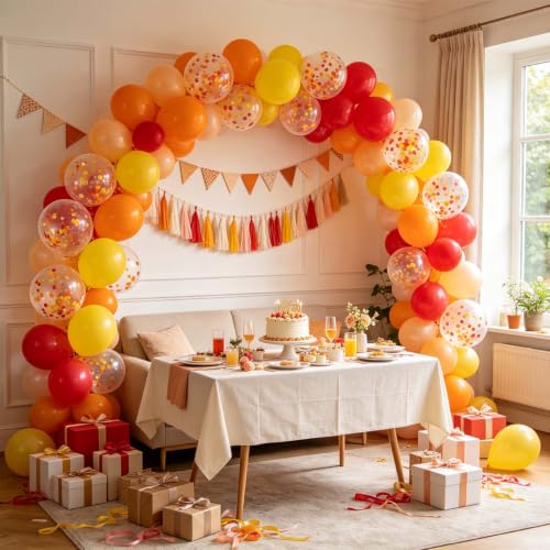 Image of Red Orange and Yellow 12inch Balloons with Confetti Balloons for Wedding, Birthday, Baby Shower, Christmas, Family Parties Decoration(50Pcs)