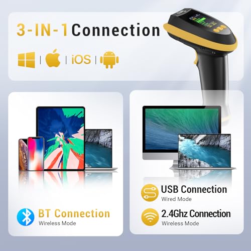 Image of Tera Barcode Scanner Wireless 2D with Stand: Pro Version Digital Setting Screen Keypad Works with Bluetooth 2.4G Wireless USB Wired Extra Fast Scanning Speed Handheld Bar Code Reader HW0009-Z Yellow
