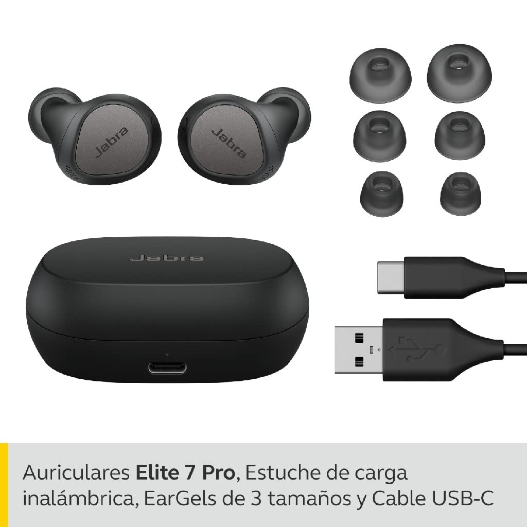 Jabra Elite 7 Pro Bluetooth In-Ear, Auriculares inalámbricos True Wireless con cancelación Activa del Ruido Ajustable, Color Negro/Titanio, 3 Tamaños de geles para los oídos