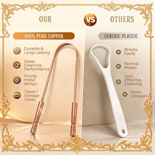 MasterMedi 100% reines kupfer zungenschaber mit reiseetui - 2 pack all natural ayurveda zungenreiniger, bannt mundgeruch und pflegt mundhygiene, groß grip (Set of 2 (Copper Tongue Scraper))