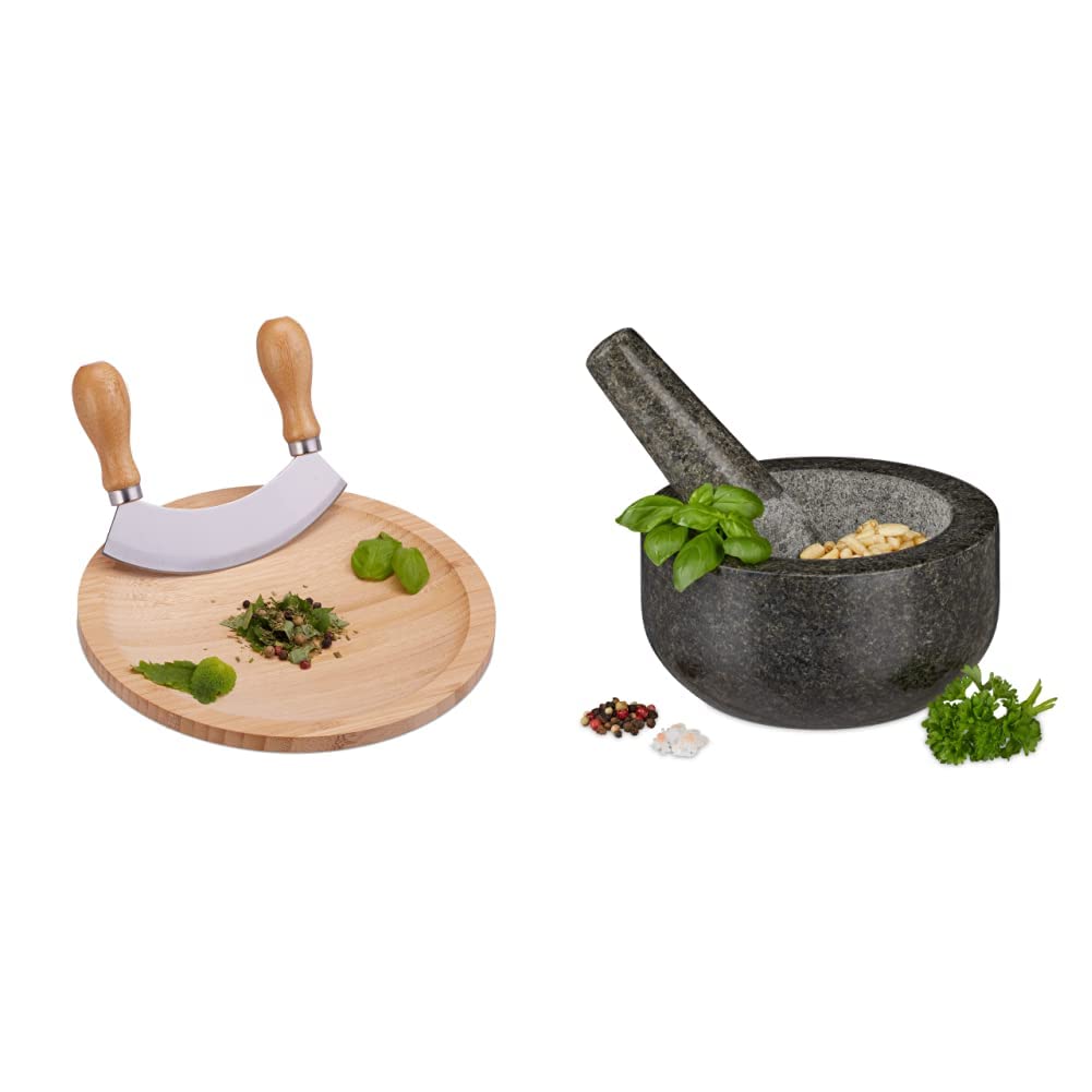 Relaxdays 10027485 Berceuse, Hachoir Demi-Lune, Couteau INOX Herbes, HxD: 2 x 20 cm & Mortier en granit avec pilon, robuste, pour épices, herbes, mortier en pierre polie, d. 16 cm, 400 ml, gris