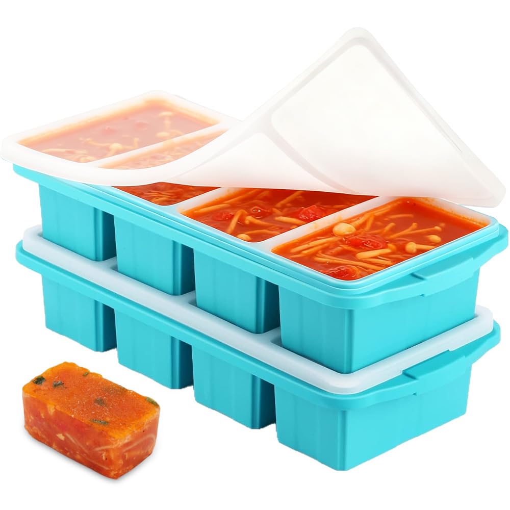 Rppiup 2 Pack Soup Cube Silicone Freezer Tray, 1000ML Silicone Freezer Moulds with Lid, 4-Compartment Soup Freezer Containers, for Storing Soup, Broth, Sauces, Batch Cooking and More (Blue)