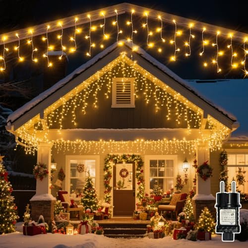 Soagrc Eisregen Lichterkette Außen Warmweiß 216 LEDs, Dauerlicht,...