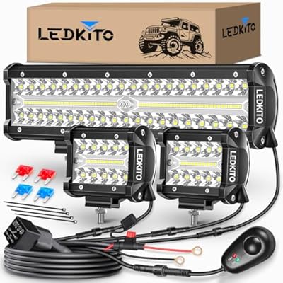 LEDKITO 12 inch LED Light Bar and 2PCS 4 Inch LED Pods with Switch 16AWG 3 Lead Off Road Wiring Harness Kit Triple Row Spot Flood Combo Light Bar Pods Kit for Off road UTV ATV Trucks Boat