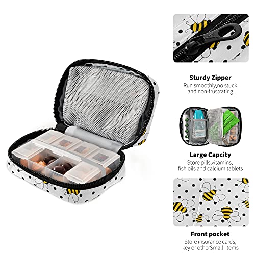 Image of Naanle Bees on Polka Dots Pill Box 7 Day Pill Case Travel Pill Organizer Bag with Zipper Portable Weekly Case Compact Size for Vitamin Supplement Holder