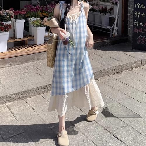 Cute Plaid Bow Vintage Spaghetti Dress Red Plaid Blue Plaid Dress for Women Backless Lace Dress for Women2