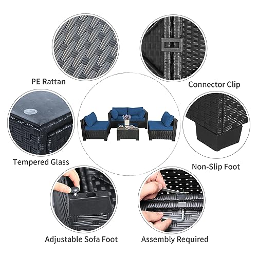 Outdoor-Patio-PE-Wicker-5-Piece-Furniture-Set-Black-Rattan-Sectional-Conversation-Sofa-Chair-with-Coffee-Table-Navy-Blue-Cushion Outdoor Patio PE Wicker 5 Piece Furniture Set Black Rattan Sectional Conversation Sofa Chair with Coffee Table Navy Blue Cushion