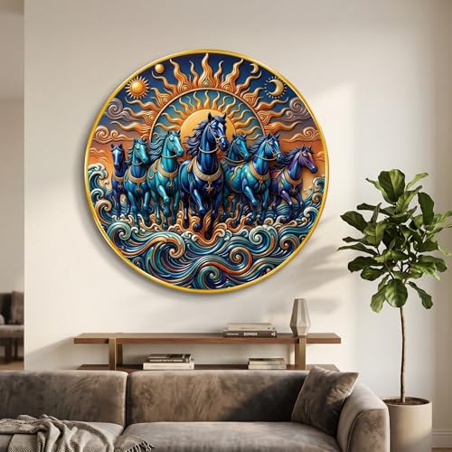 Image of SAF 7 Horse Vastu Round Wall Painting with Premium PVC Golden Frame, Colorful Sun Moon Ocean Art, Running Horses Home Decor for Living Room Office (20 x 20 Inch) GRL-439